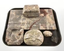 A polished marble desk stand, similar ash tray, scarab beetle ornament,