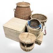 A group of wicker baskets and hampers.