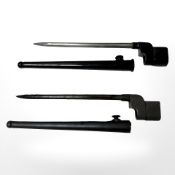 Two British No 4 Mk 2 spike bayonets with steel scabbards, both bayonets stamped P S & S Ltd.