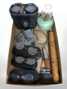 Several pairs of antique spectacles, pair of binoculars, Ronson lighter, german cylindrical box,