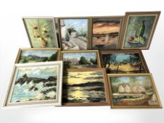 Assorted oil paintings, still life studies, landscapes, several signed simms.