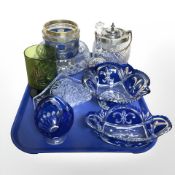 A group of two tone blue flash glasswares, Danish green glass goblet, hand bell,