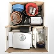 Assorted kitchenwares, microwave, set of floor scales, glassware, etc.