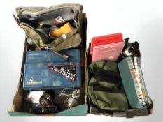 Various fishing equipment including reels, flies, two fishing bags, plastic storage boxes, etc.