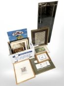 A modern bevelled mirror and various pictures and prints, framed stamp sheet, etc.