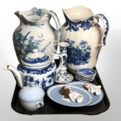 Assorted ceramics including two porcelain half dolls, two Wedgwood jasperware dishes,