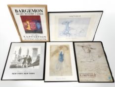 A group of gallery prints including Picasso, Rembrandt, Rodin, Norman Parkinson,