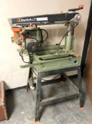 A DeWalt circular saw on metal stand.