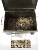 A lacquered tin box containing a large quantity of Victorian and later pennies.