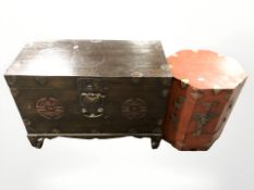 An oriental metal bound chest, width 65 cm, and a further octagonal chest.