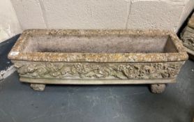 Three weathered concrete decorative planters, each 26 cm high x 84 cm length x 29 cm wide.