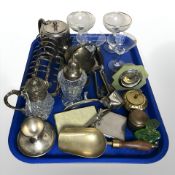 A silver plated toast rack, other plated wares, Art Deco desk timepiece,