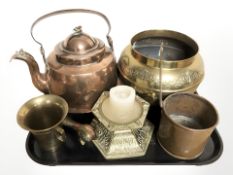 A 19th century copper kettle, embossed brass planter, hexagonal squat candlestick,