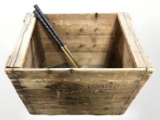 A large pine crate, width 68 cm, containing two vintage golf clubs, school cap, scrapbook, etc.