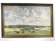 H Jensen : Cattle in farmland, oil on canvas, 72 cm x 45 cm.