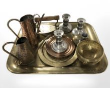 Metal wares to include a pair Scandinavian pewter candlesticks, further similar candlestick,