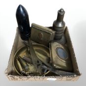 A group of trench art items including a trinket box, letter knives, cigarette case, paperweight,