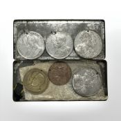 A Coronation Souvenir tin containing 1935 Jubilee medals, Coronation day medal,