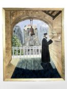 Danish School : Figure standing by a bell, oil on canvas, 49 cm x 59 cm.