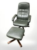 A Scandinavian bentwood green leather armchair with matching stool