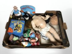 A vintage jointed doll, Wallace and Gromit figurines, Disney Seven Dwarves plastic figures.