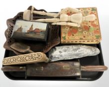 Assorted wooden items including a Russian lacquer trinket box, a puzzle box, jointed desk mannequin,