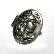 A Sterling silver pill box with Art Nouveau style motif, width 28mm.