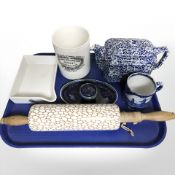A Maling oval desk stand incorporating an inkwell, further Maling blue and white teapot,