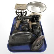 A group of vintage scales, irons, antique kitchen knife, etc.