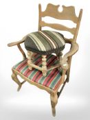 A Danish blonde oak ladder back armchair and a hexagonal stool.