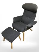 A contemporary Danish bentwood armchair in grey upholstery and matching footstool