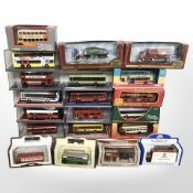 Twenty diecast scale buses and delivery wagons, including Exclusive First Editions, Days Gone,