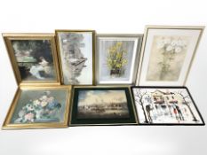 A group of contemporary prints, some in ornate gilt frames.