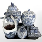 A contemporary Chinese blue and white porcelain pumpkin jar, further temple jar, pot pourri,