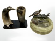 An onyx and cold painted metal ashtray surmounted by pheasants,