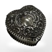 A silver heart shaped trinket box, width 5cm, Birmingham 1900.