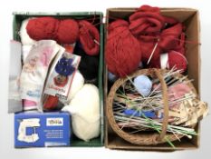 A quantity of wool, knitting needles, miniature sewing machine, etc.