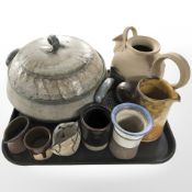 A group of Scandinavian studio pottery wares including large twin handled tureen, beakers, etc.