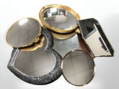 A group of gilt framed mirrors, Art Deco frameless mirror, etc.