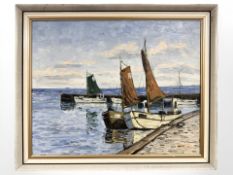 R Wolsines : Boats in a harbour, oil on canvas, 49 cm x 39 cm.