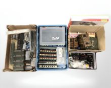 A group of model railway buildings, track, related components, Bachmann OO gauge passenger cars,