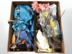 A Japanese blue silk skirt with floral embroidery, a further dress, silk scarf, feathers, etc.