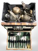 An oak cantine and part contents, together with a crate of assorted metalwares, brass planters,
