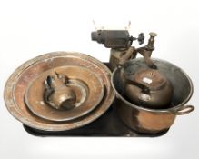 A group of metal wares including brass primus blowtorch, two Islamic copper plated dishes,