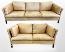 A late 20th century Danish faded tan leather three seater settee, 215 cm x 79 cm x 74 cm,