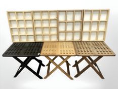 A teak folding lattice table, two similar tables and four pine drawers.