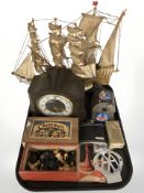 A Smiths bakelite mantle clock, Chad Valley chessmen chess set, in box, a further set, AA badge,