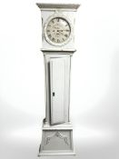A continental painted and gilt longcase clock, with pendulum and weights,