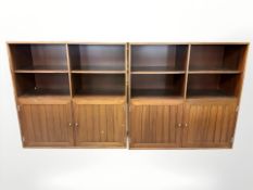 A pair of teak effect open bookcases, each 100 cm x 36 cm x 101 cm.