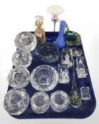 A group of Scandinavian textured glass tealight holders, paperweights, glass fish ornament, vase,